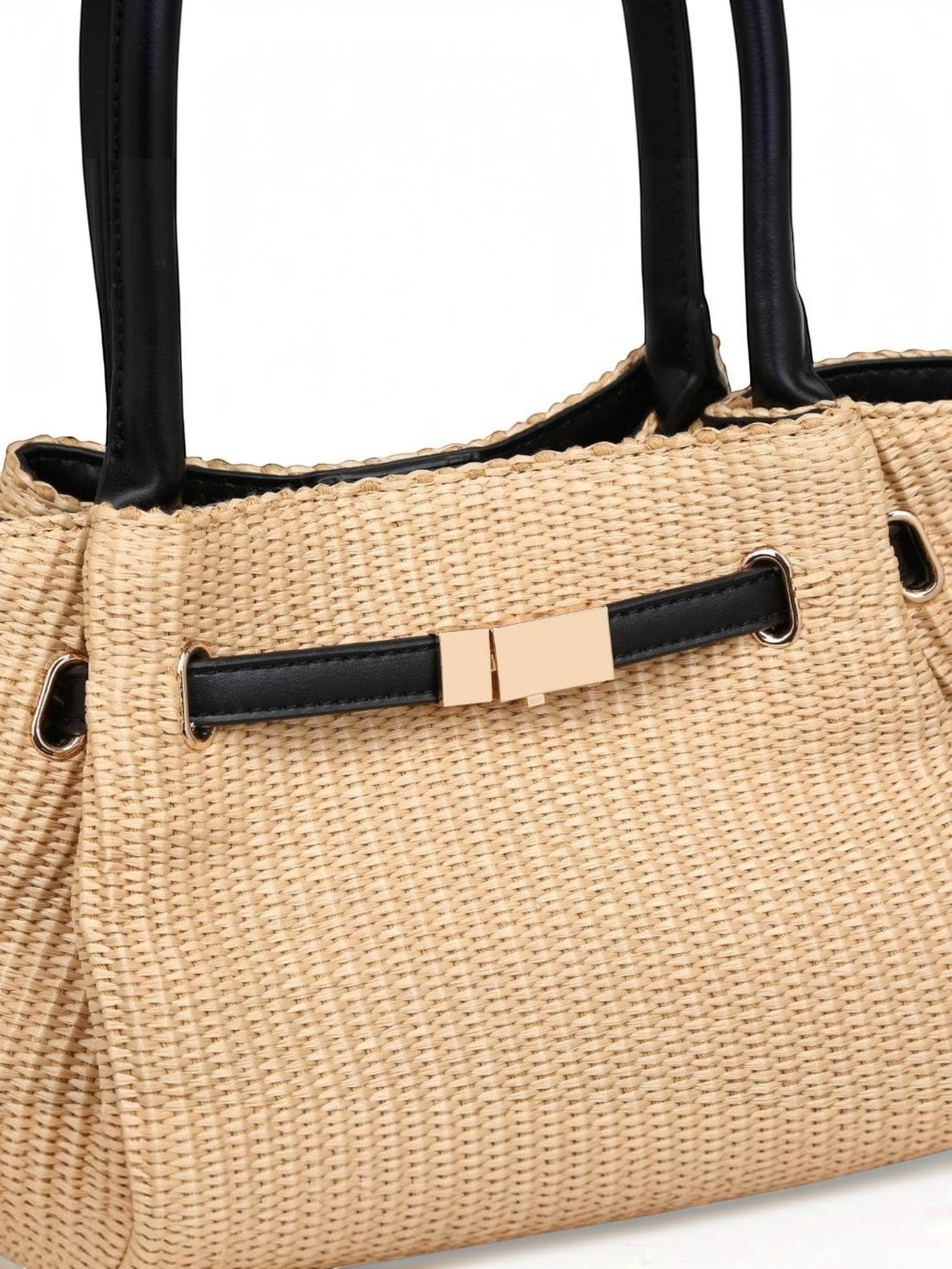 Mialur woven straw tote bag with black handles and a polished gold-tone bow clasp detail.