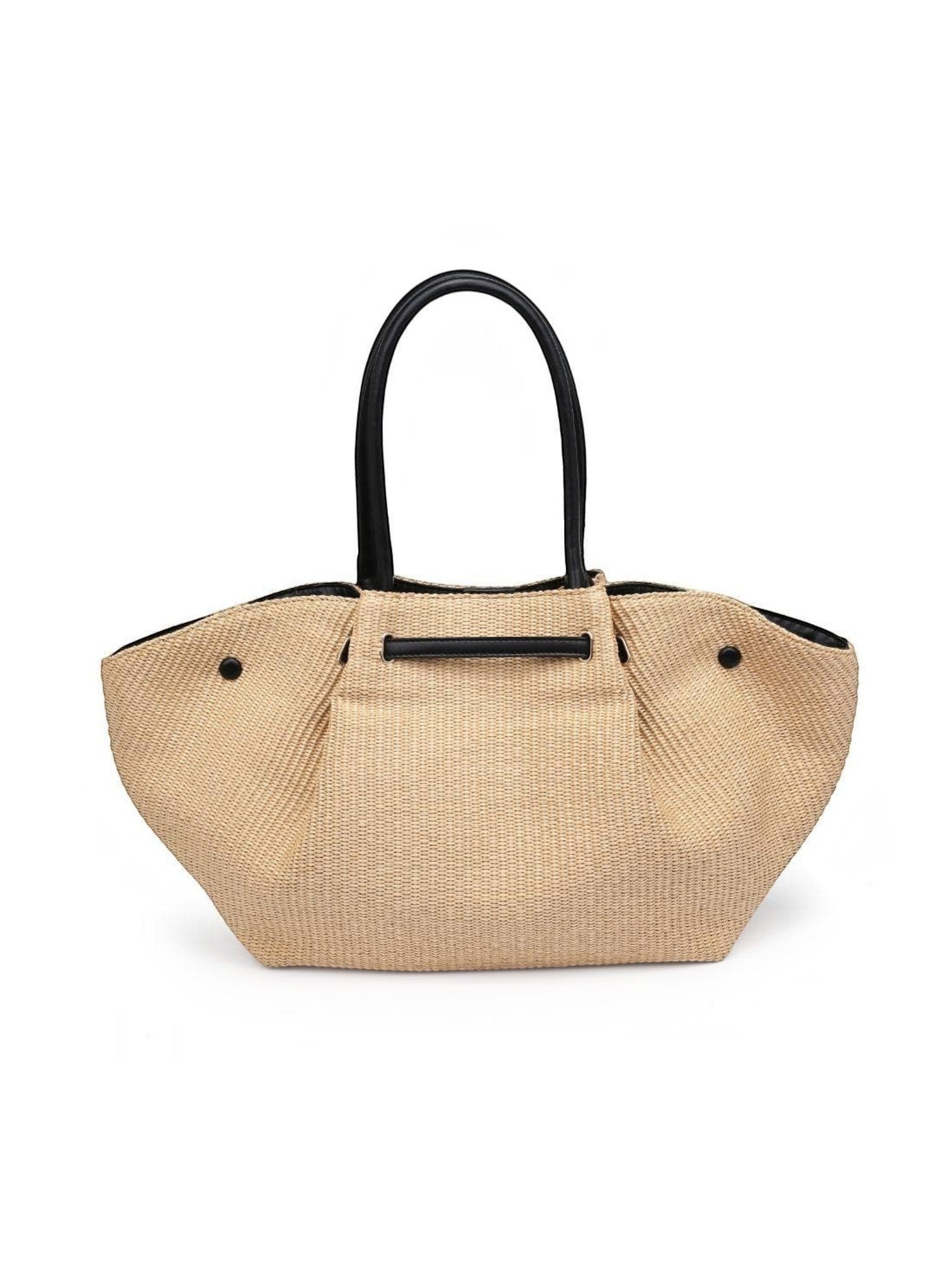 Mialur Summer Tote Bag in natural woven straw with black handles and a structured, spacious silhouette.