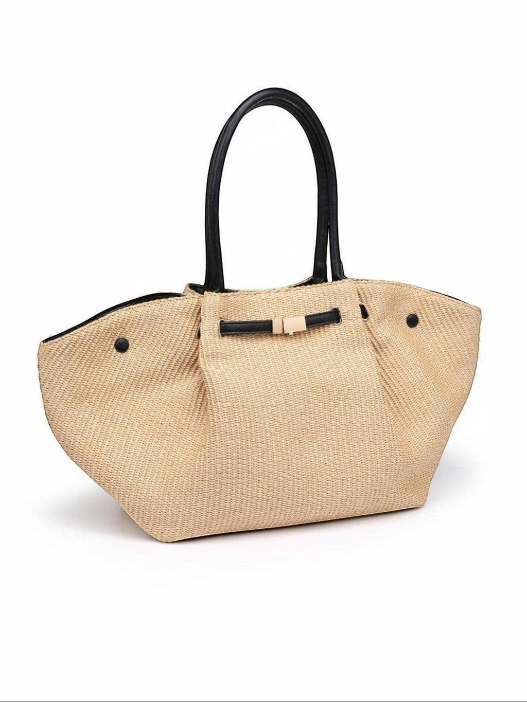 Mialur woven straw tote bag with black handles and a gold-tone bow clasp, perfect for summer beach or travel.