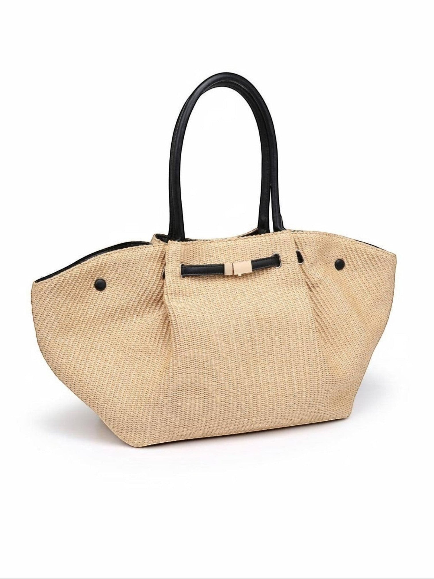 Mialur woven straw tote bag with black handles and a gold-tone bow clasp, perfect for summer beach or travel.