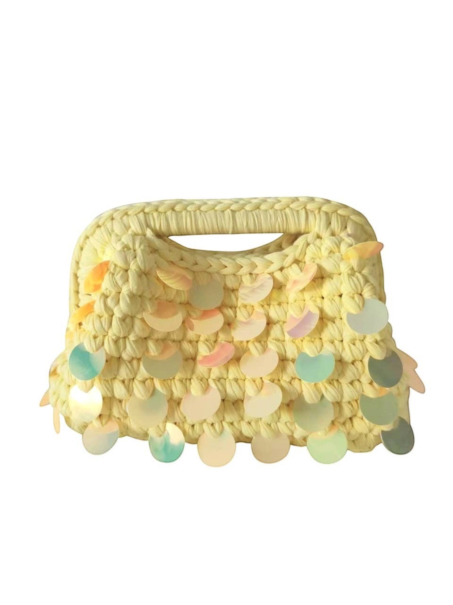Mialur Tropez yellow woven handbag featuring shimmering iridescent paillette sequins for a glamorous summer look.