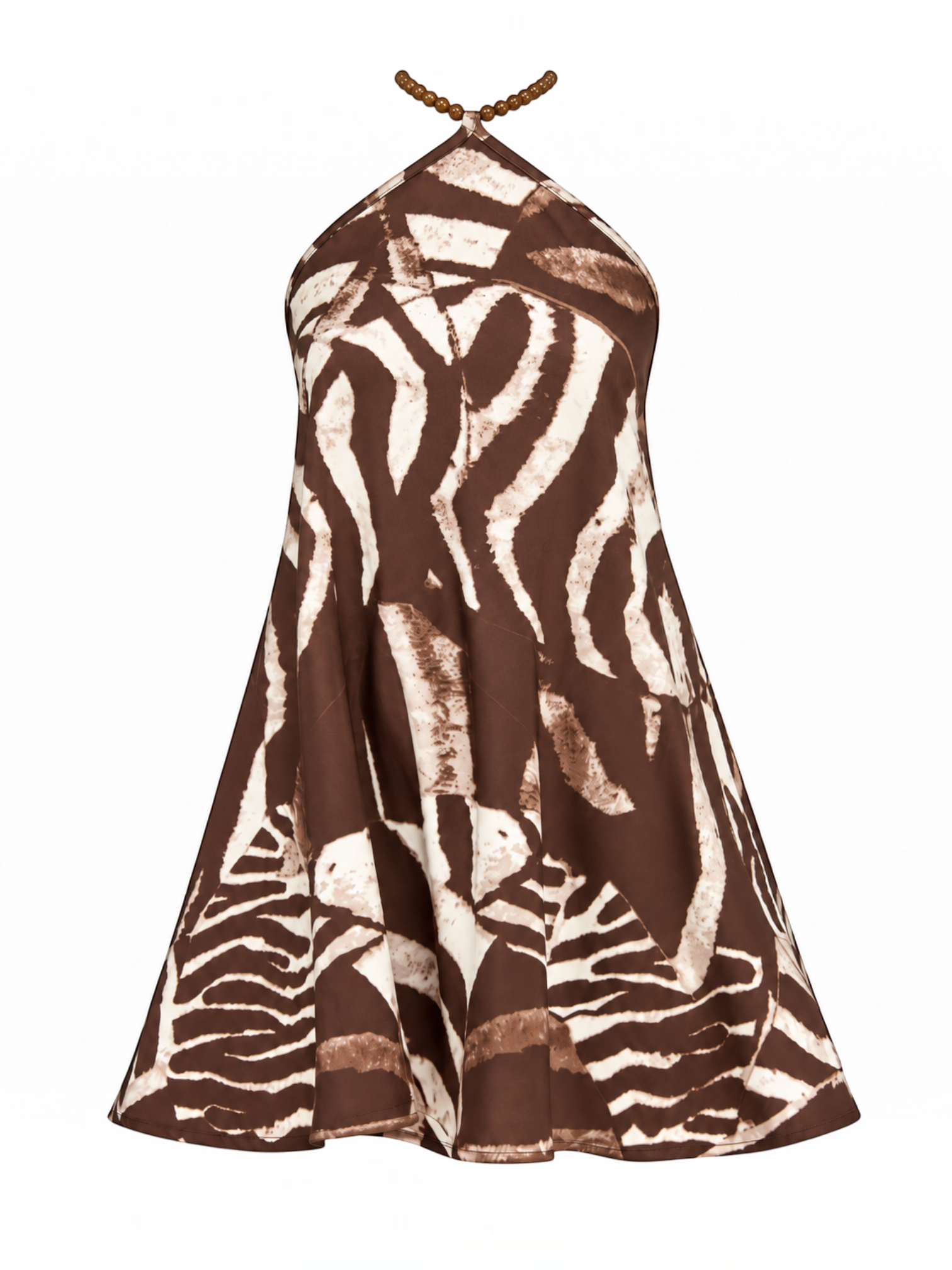 Mialur mocha and cream zebra print satin mini dress with a beaded high halter neckline and relaxed shift silhouette.